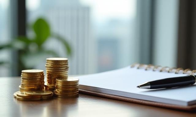 Stacked gold coins next to a calculator and financial planner