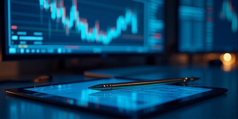 Financial expert explaining stock charts on a digital screen