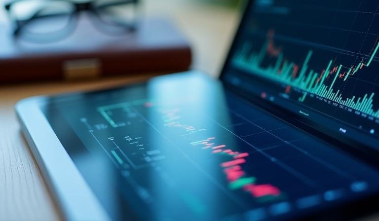Financial data analysis and stock market charts on a digital interface