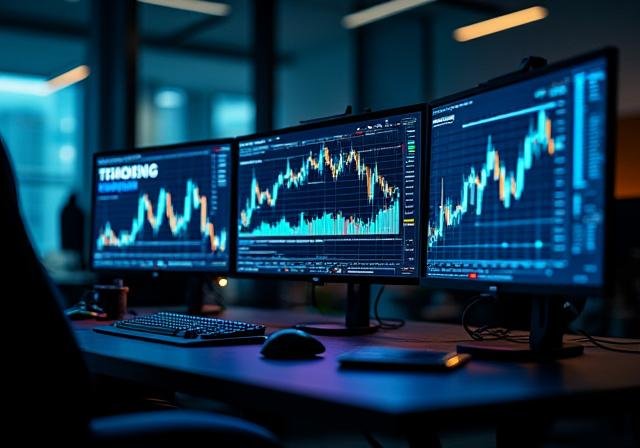 Modern financial trading dashboard with complex charts and data visualization